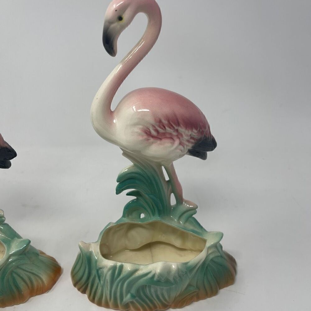 Fabulous 1950s Kitsch FLAMINGO Planter 10" TALL Hand Decorated Made in Japan Set - Picture 6 of 10
